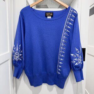 SOLD Vintage 80's 90's Blue Silver Embroidered Sweater Wearable Art Geometric